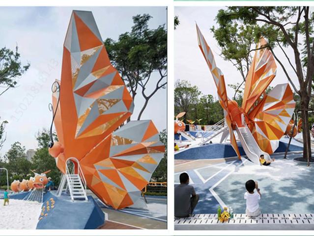 百色大型社区广场 不锈钢蝴蝶滑梯雕塑 彩绘动物雕塑摆件