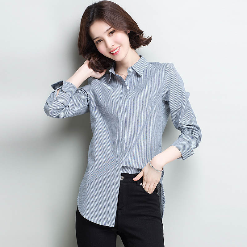 女装2018春季新款时尚韩版方领夹条圆下摆长袖显瘦女士中长款衬衫