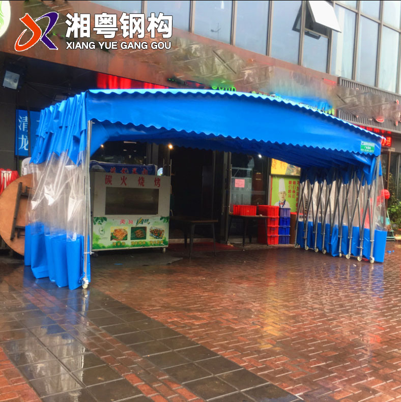 广东江门2019新款式汽车帆布滑动遮雨棚烧烤火锅餐饮移动雨棚