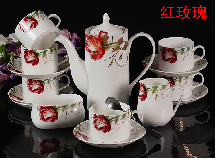 骨瓷咖啡杯碟套装，15头中式骨瓷咖啡杯碟套装 家庭办公陶瓷咖啡具套装 包邮