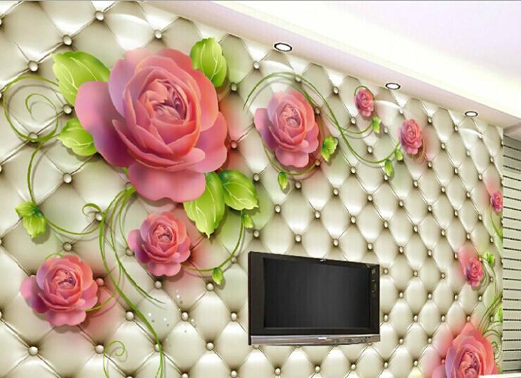 大型壁画3D立体沙发卧室电视背景墙纸婚房壁纸 软包温馨花卉玫瑰