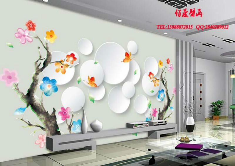 供应深圳佰晟壁画装饰有限公司五彩花朵抽象树时尚酒店客厅电视3D背景墙