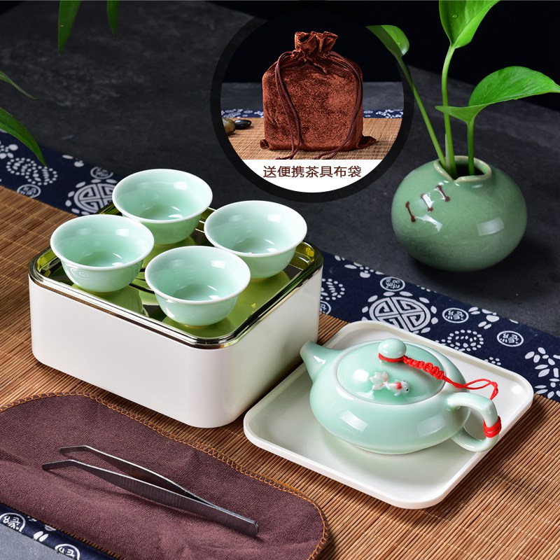 广东广东陶瓷青瓷收纳车载户外茶具配壶套装 旅行茶具